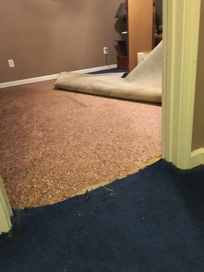 Carpet pad removal revealing water damage during Drying & Dehumidification in Huntersville